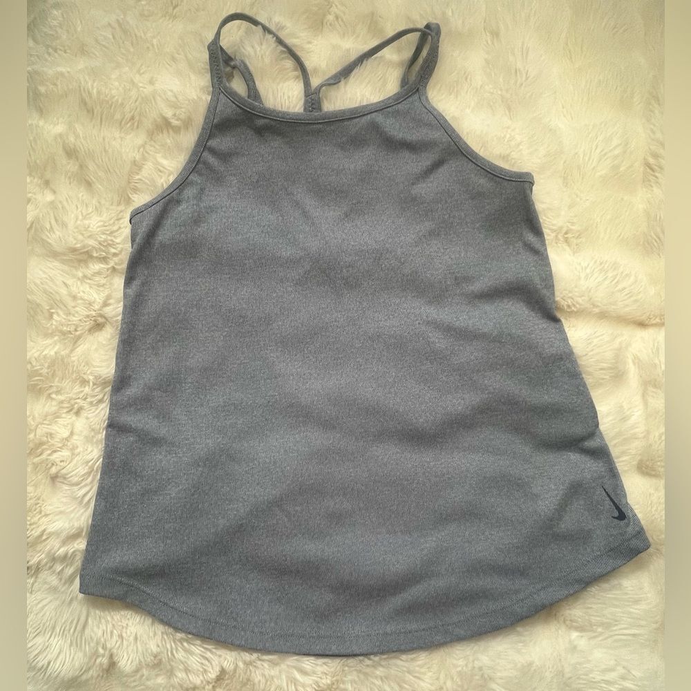 Nike Dri-FIT Tank Top Medium M Blue Gray Striped Criss Cross Back Athletic
